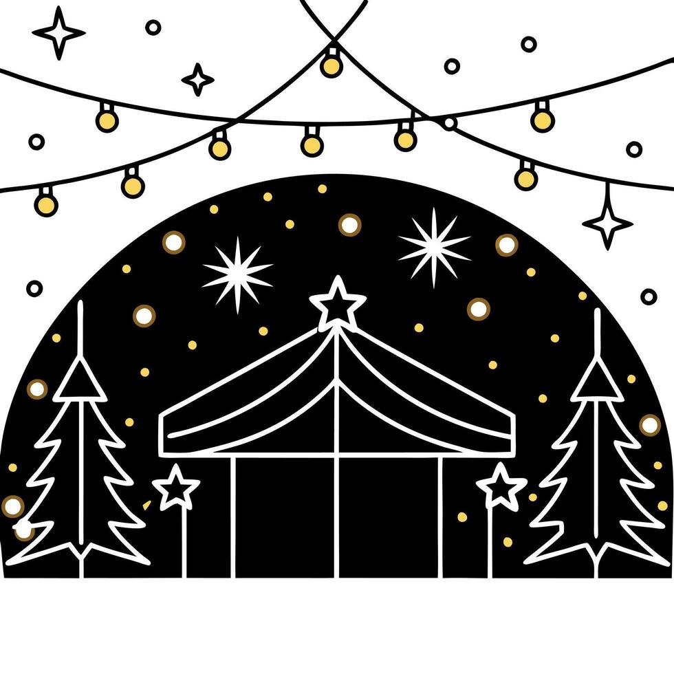 Christmas tree and lights in a black and white illustration vector
