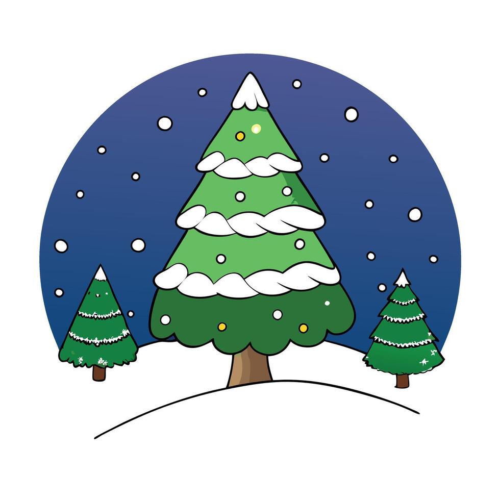 Snow covered christmas tree in winter forest with copy space at night vector