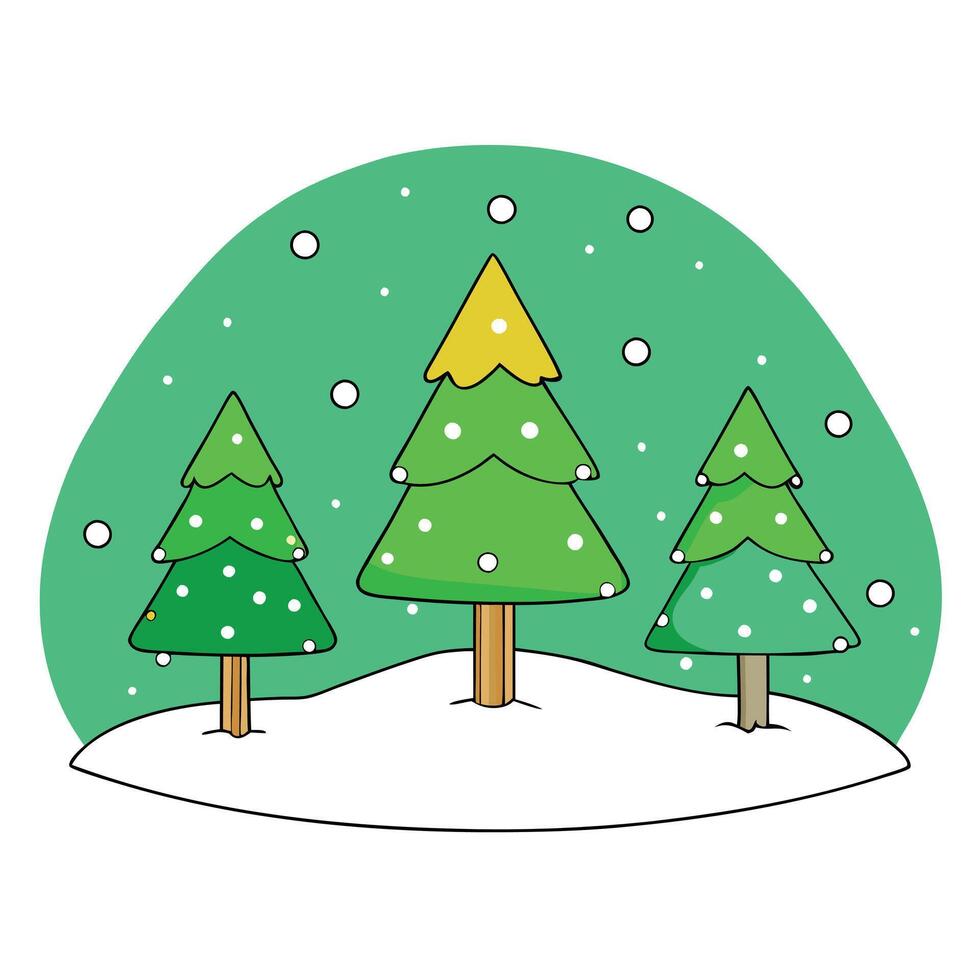 Simple cartoon new year trees on christmas snowing green background vector