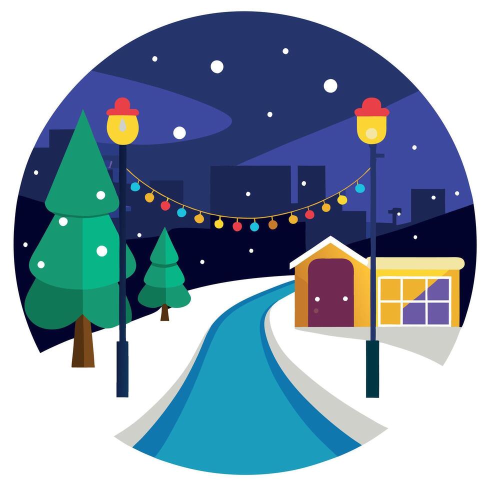 Winter scene with houses and street lights vector