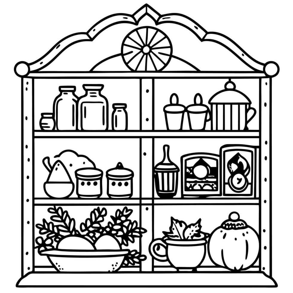 A black and white image of a cabinet with food items vector