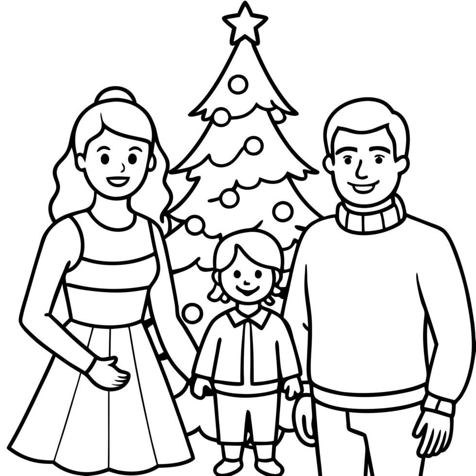 Family father. mother and little daughter near Christmas tree. vector