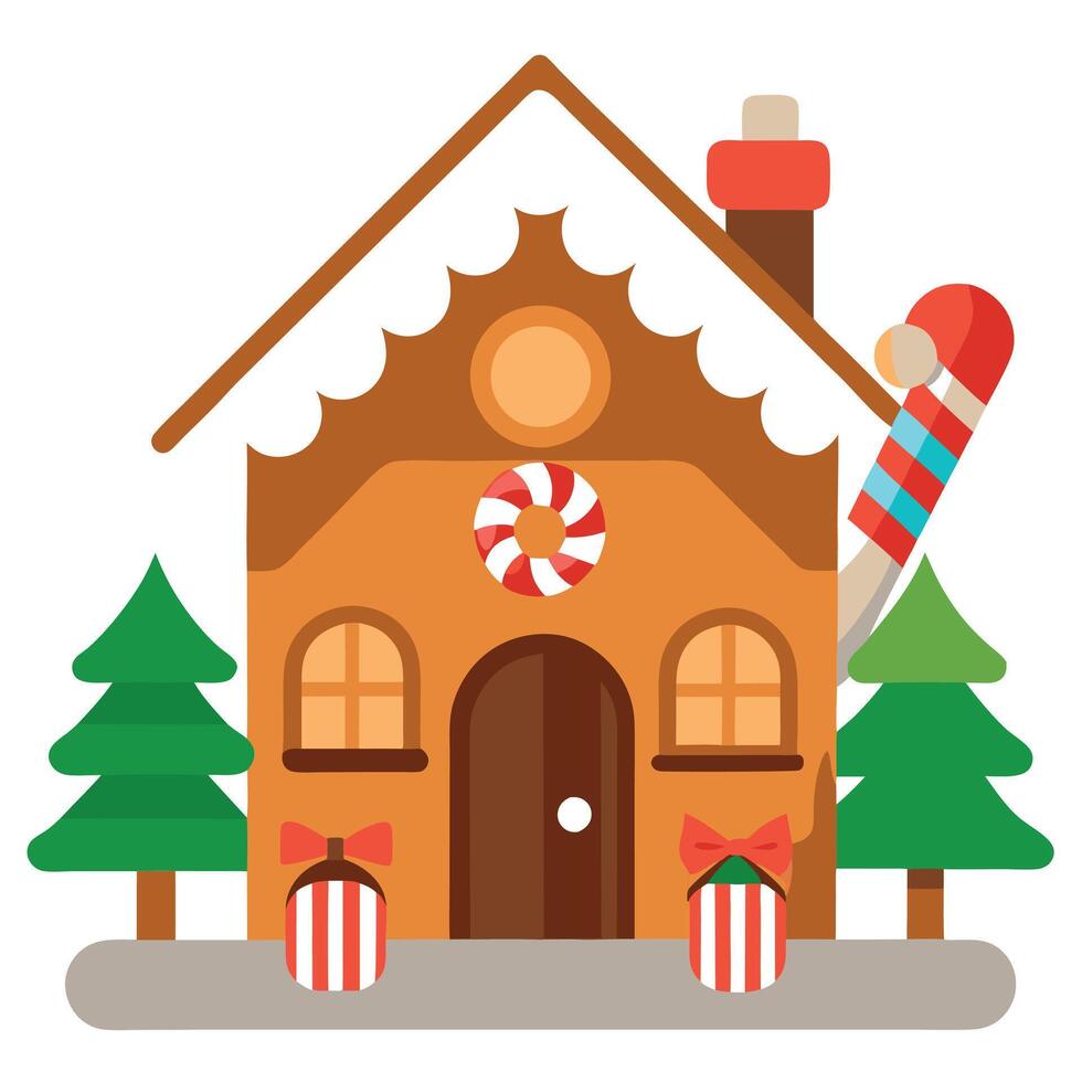 A gingerbread house with candy and candy canes on the front of it and a christmas scene behind it. vector