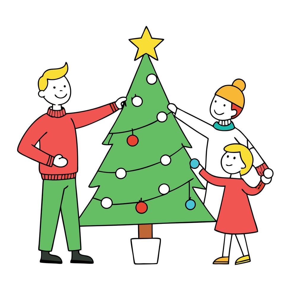 Family father. mother and little son near Christmas tree. They hanging garland to Christmas tree. vector
