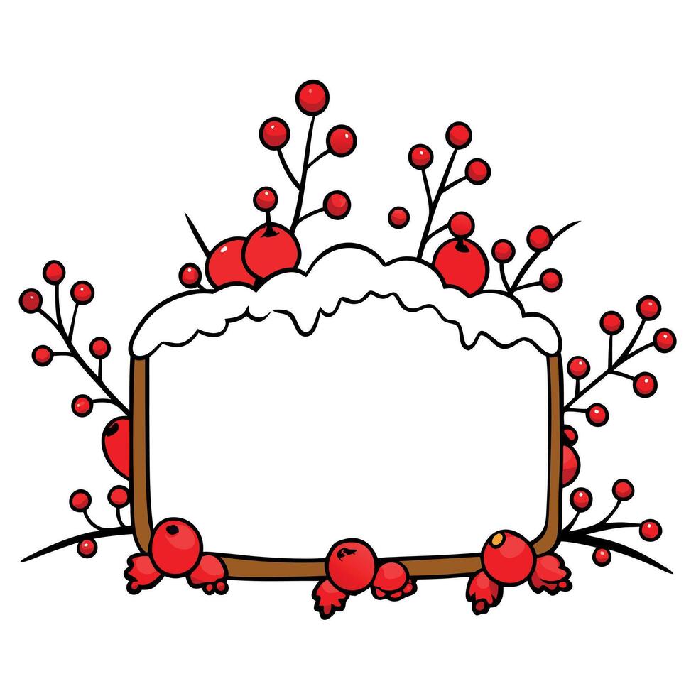 Snow-covered board frame framed by branches with red berries covered in frost. Copy space. vector