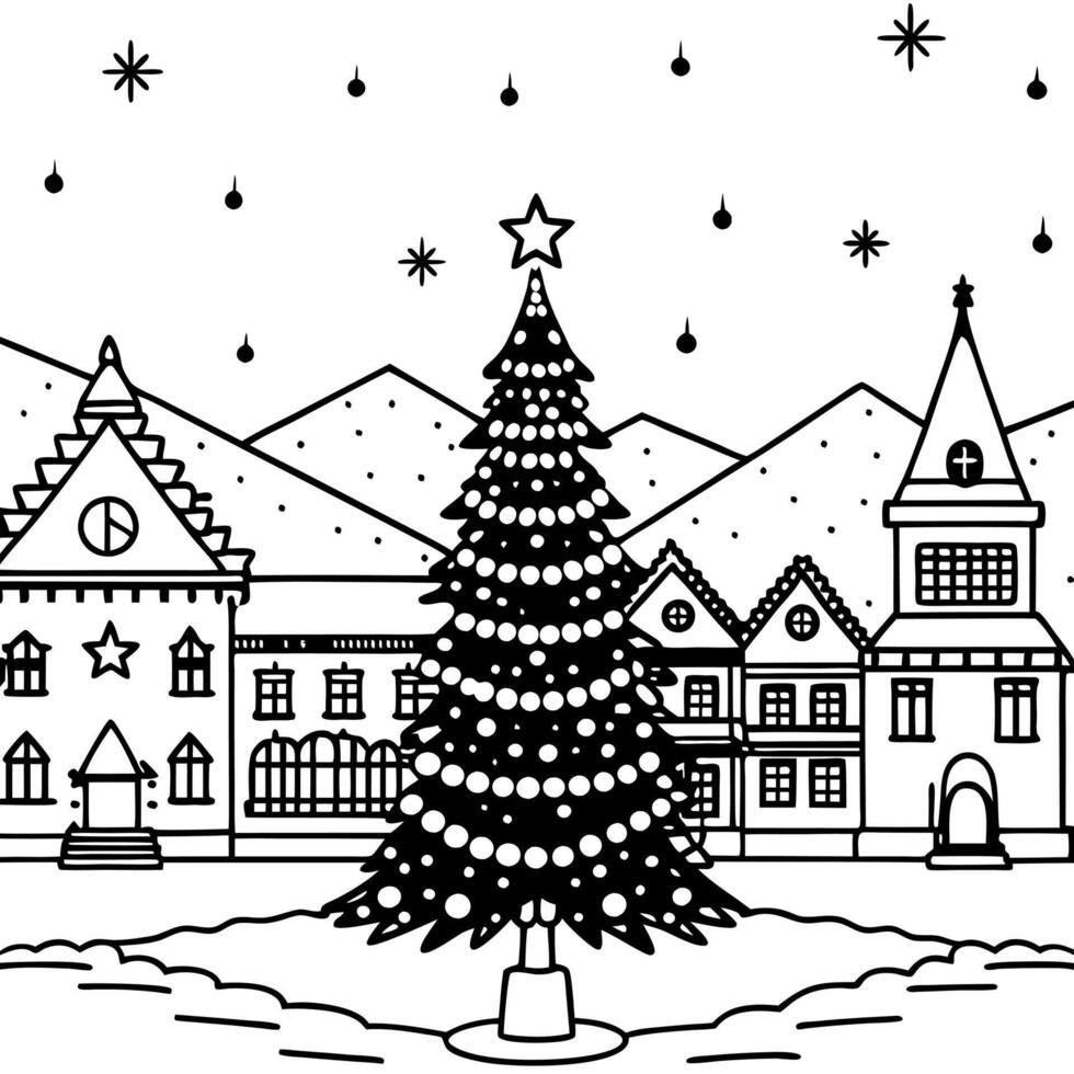 Snow-covered town square with a grand Christmas tree. emphasizing festive community spirit vector