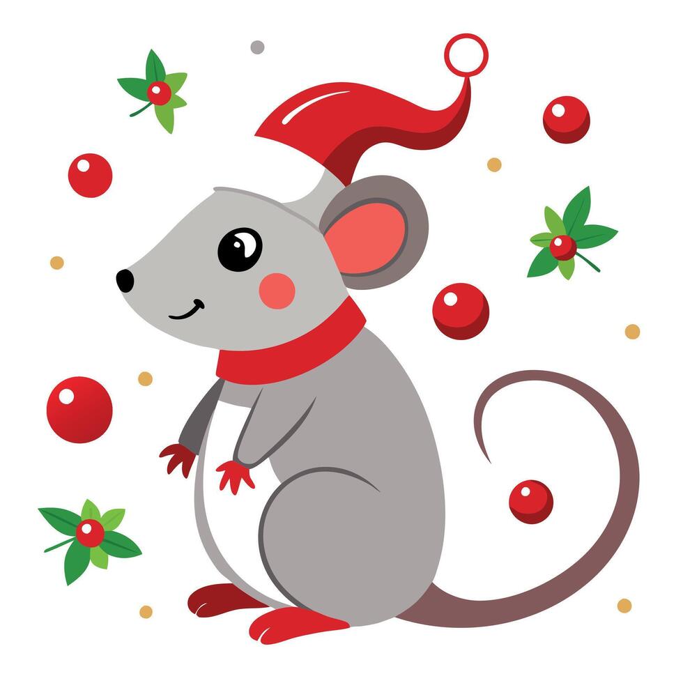 A cute rat in red hat with red berries. christmas symbol. vector