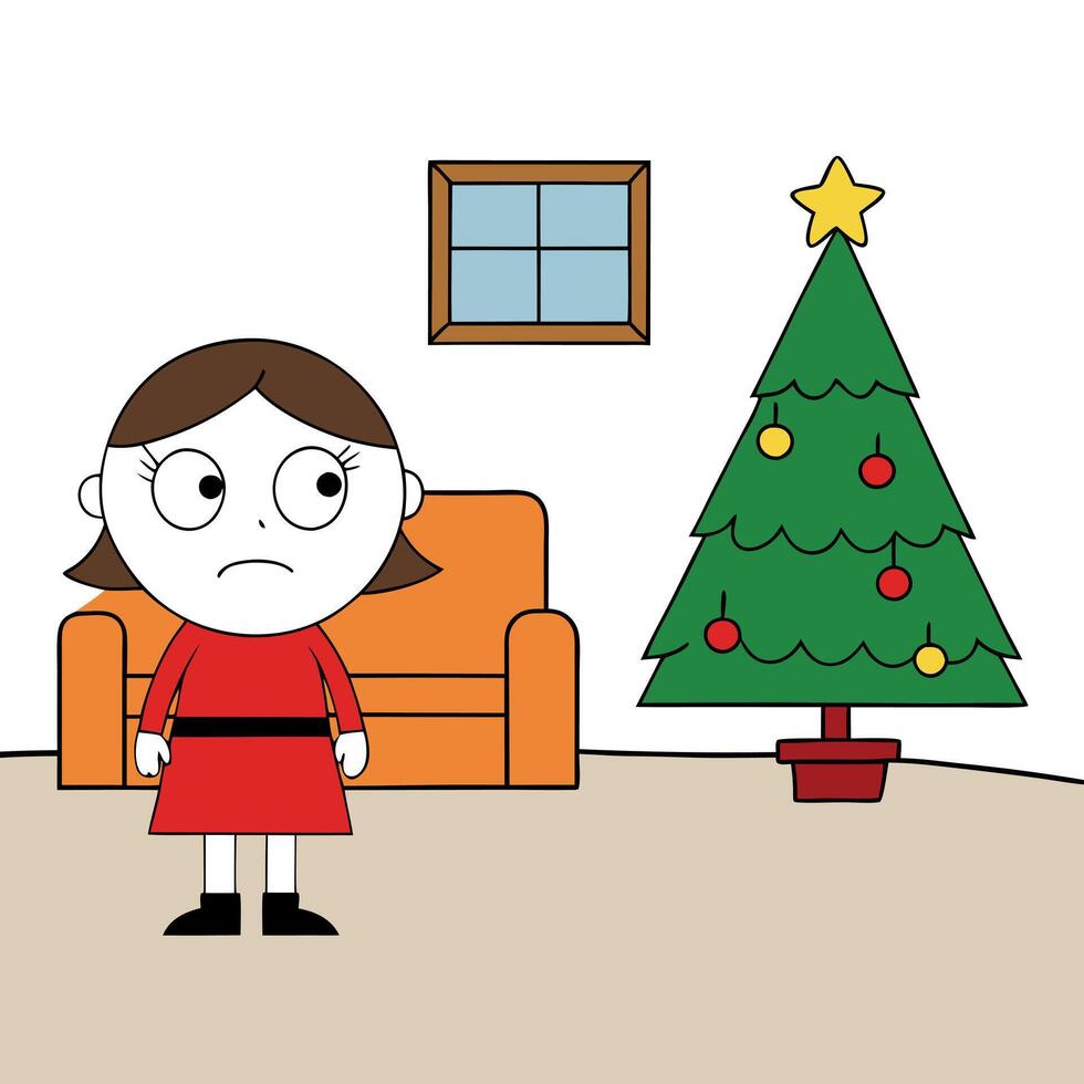 Kid in bad mood. waiting or disappointed. kid girl in living room with christmas tree vector