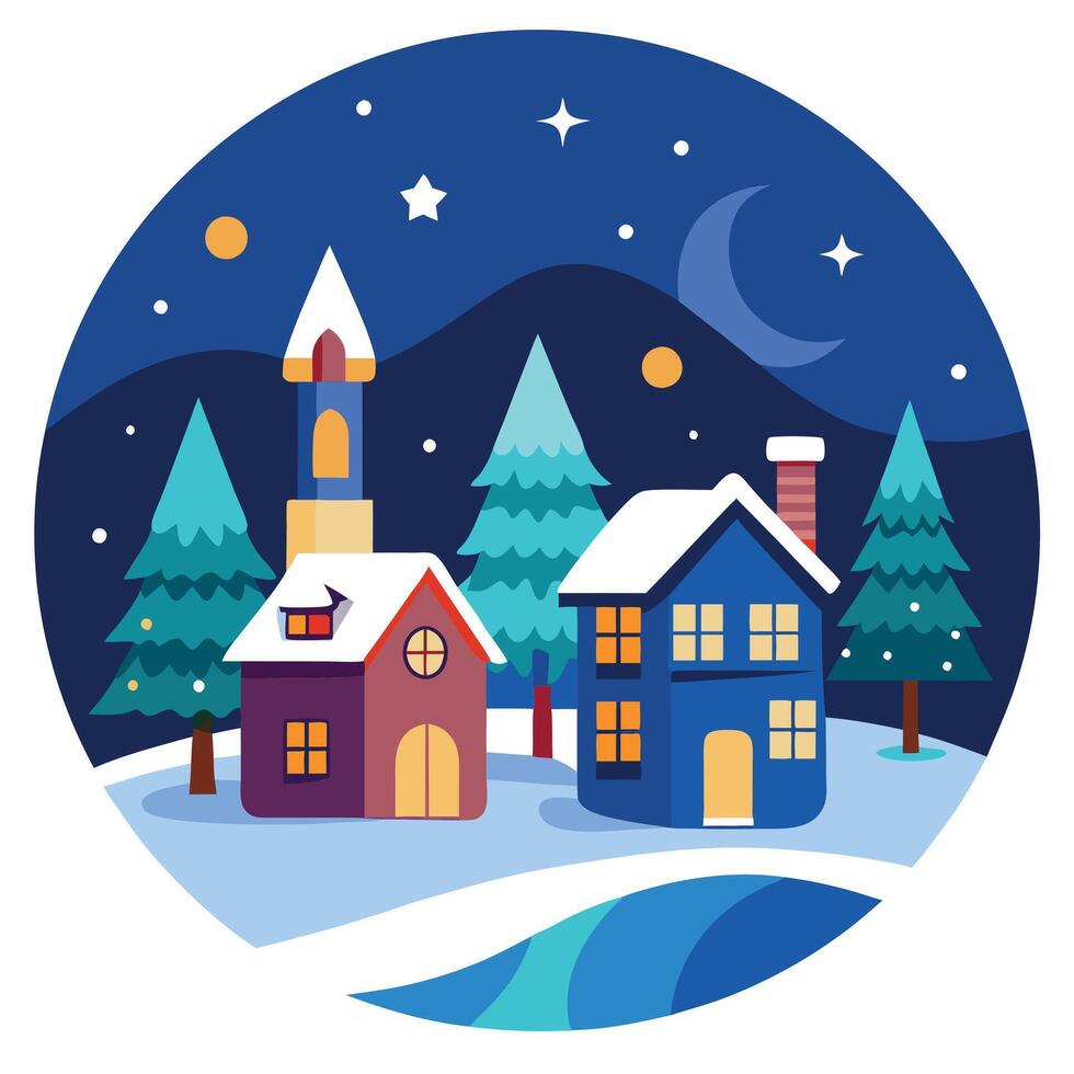 A festive and snowy Christmas village at night. creation. vector