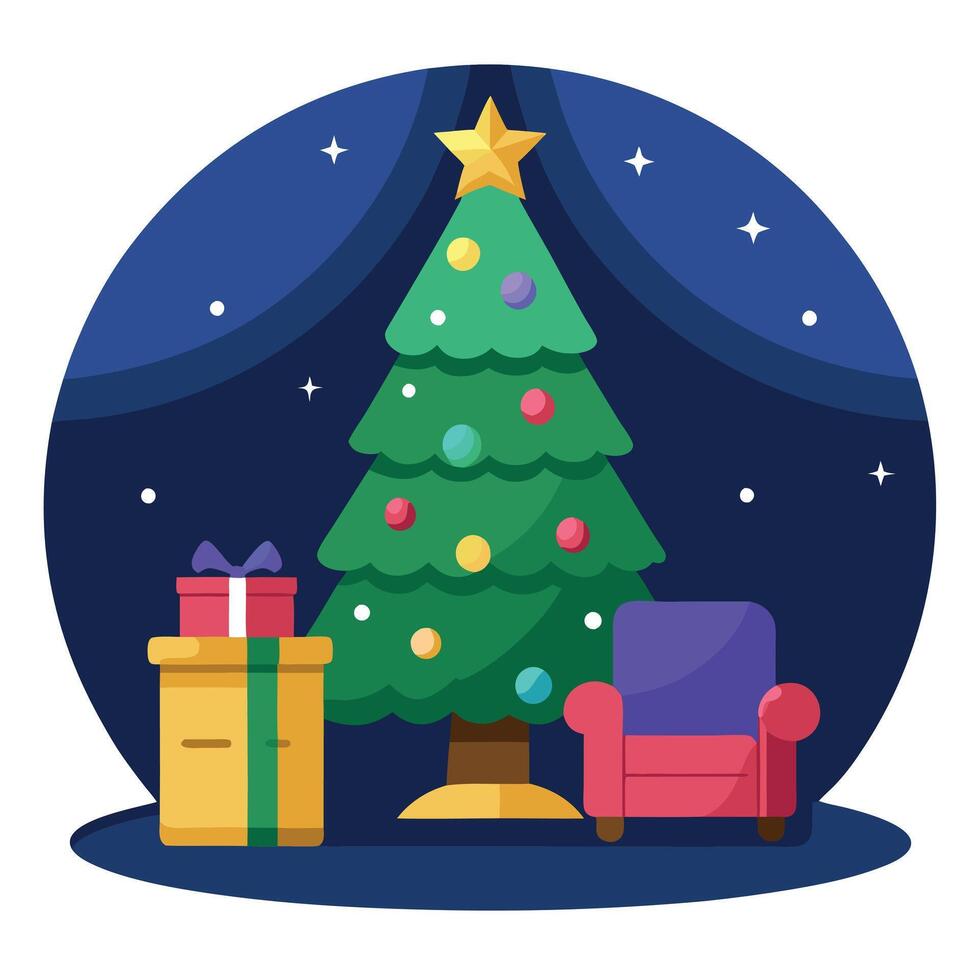 A decorated Christmas tree and wrapped gift under it in a dark sitting room. Christmas time vector