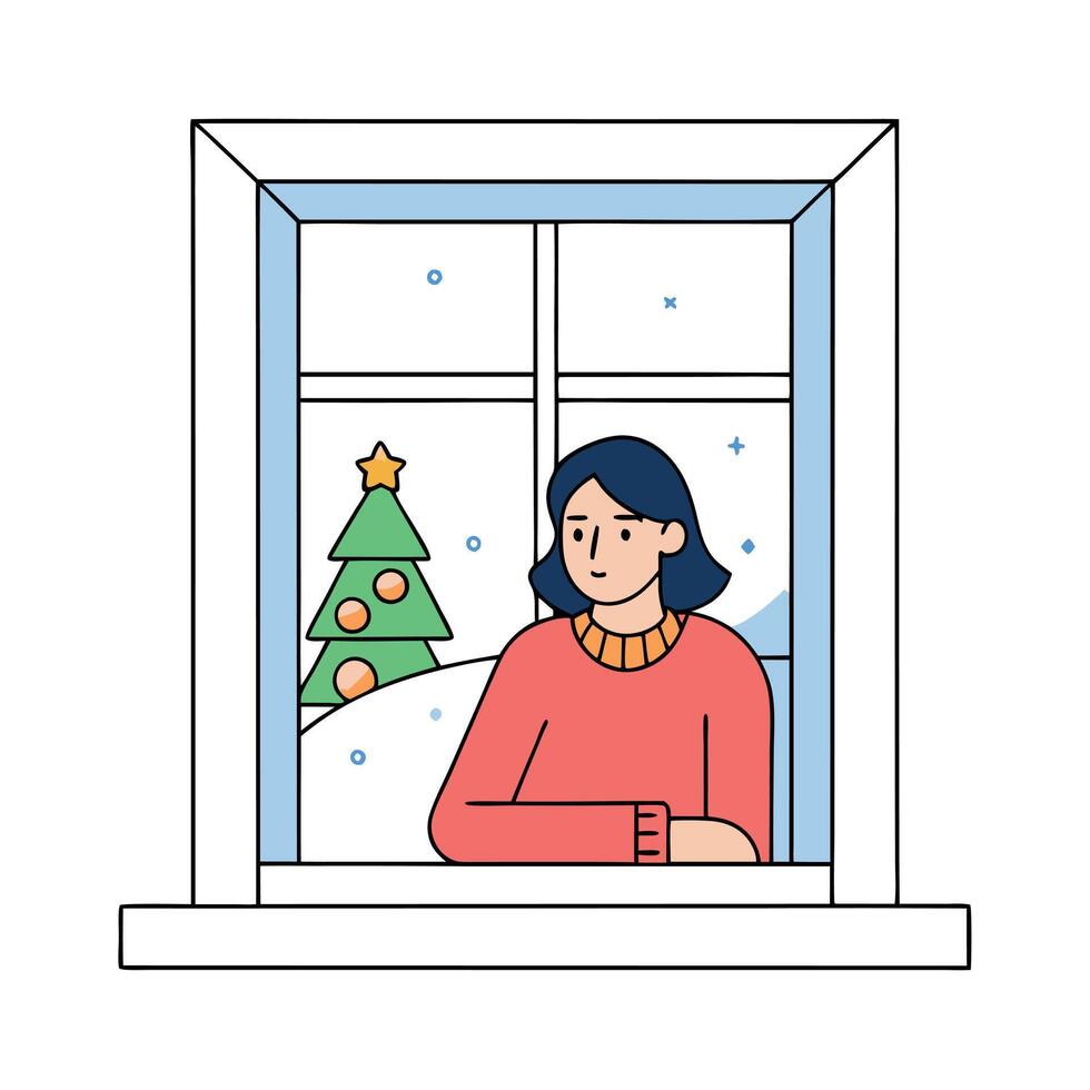 Young woman full of anticipation for christmas sitting at the window in daylight at home. vector