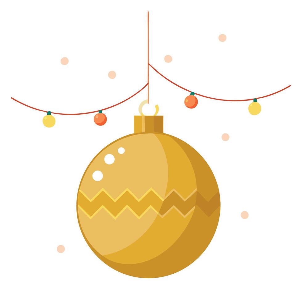A gold christmas ornament hanging from a string with lights in the background. vector