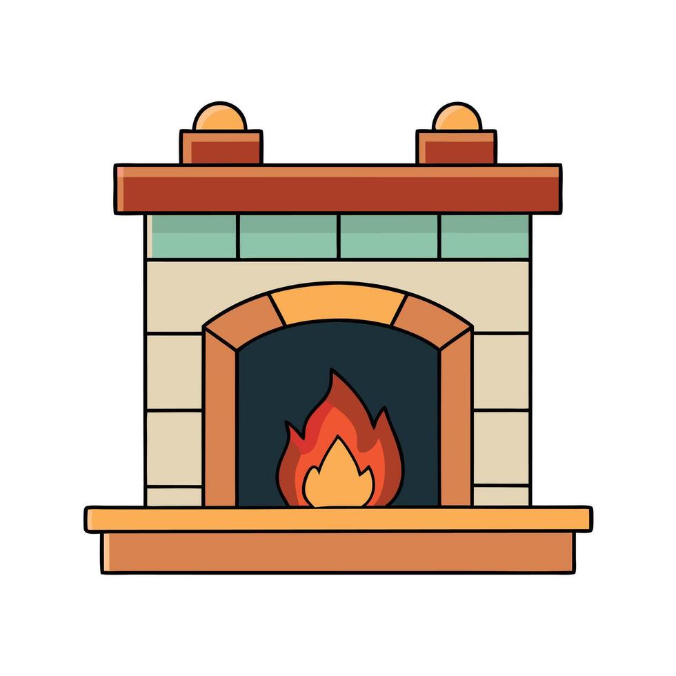 Large traditional fireplace with roaring fire. Empty mantle piece mockup shelf. vector