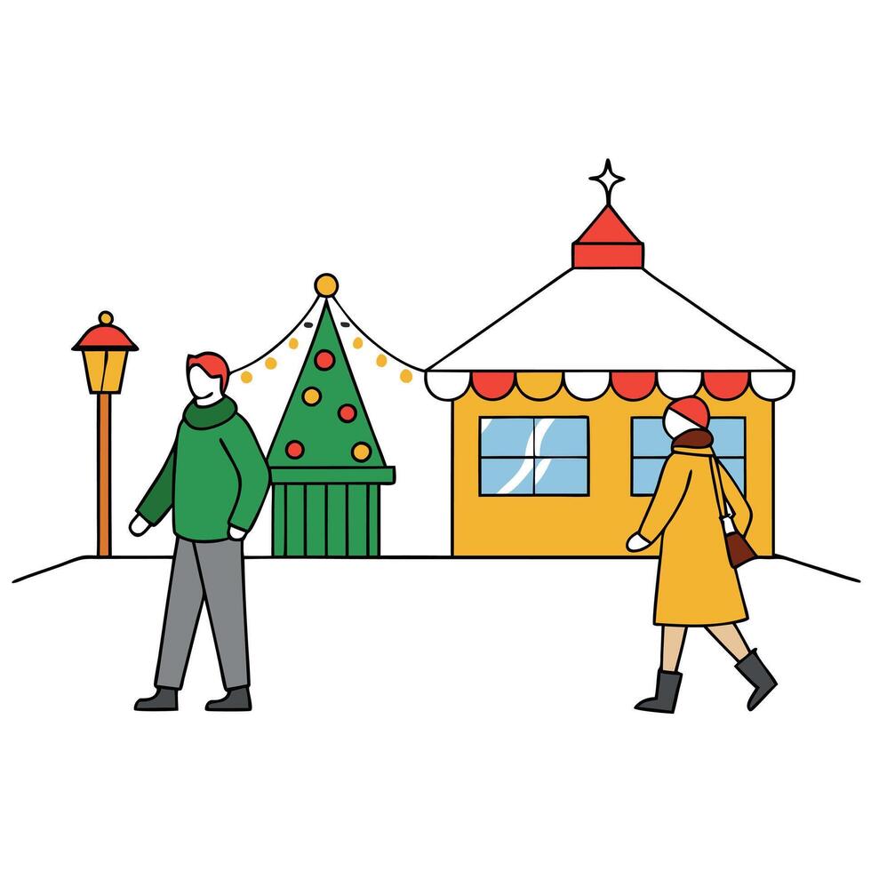 Enjoying Christmas Market. a couple walking near stalls vector