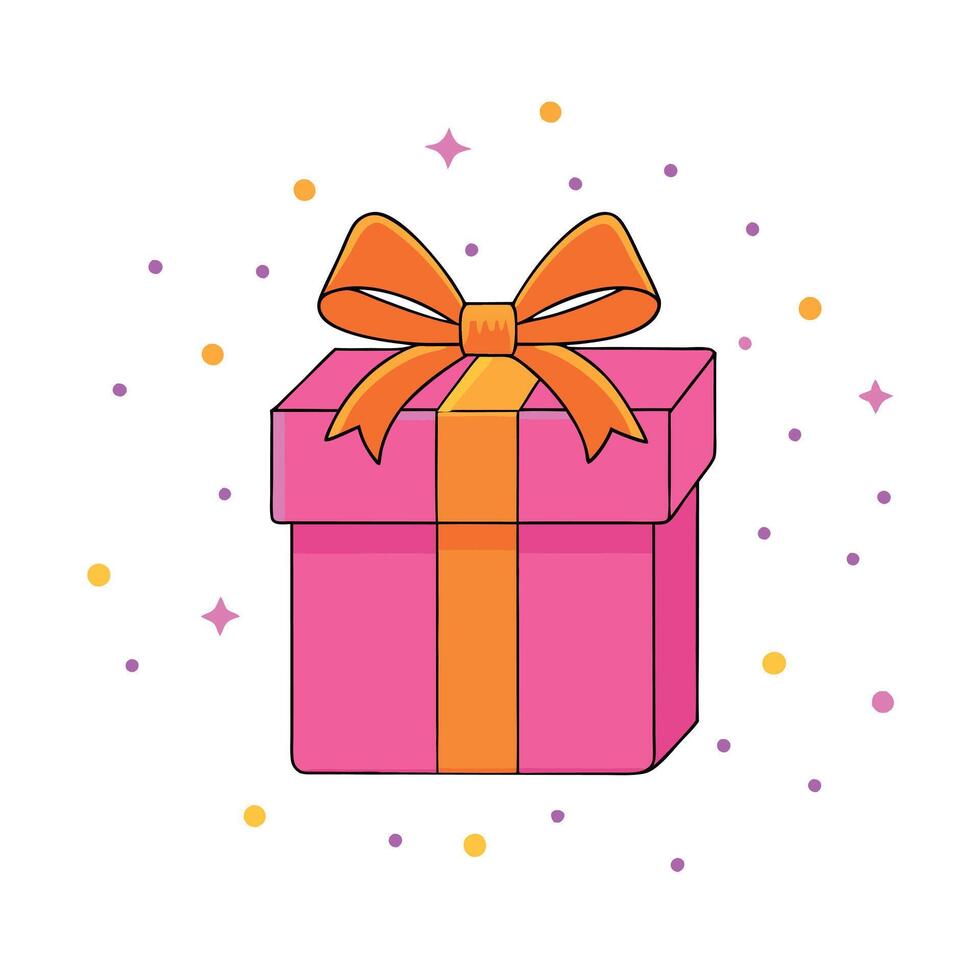 Illustration of pink gift with bright orange bow and ribbon placed on pink background near confetti vector