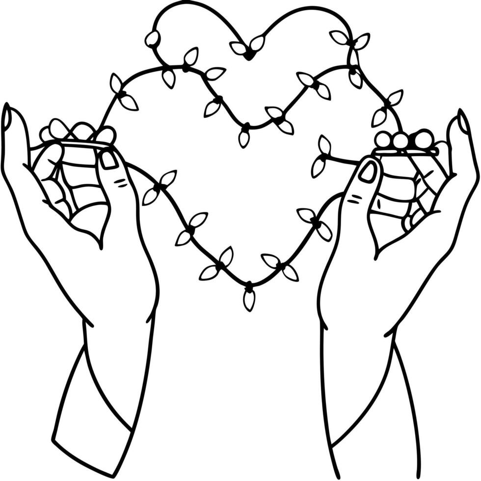 Female hands holding heart shaped glowing christmas lights vector