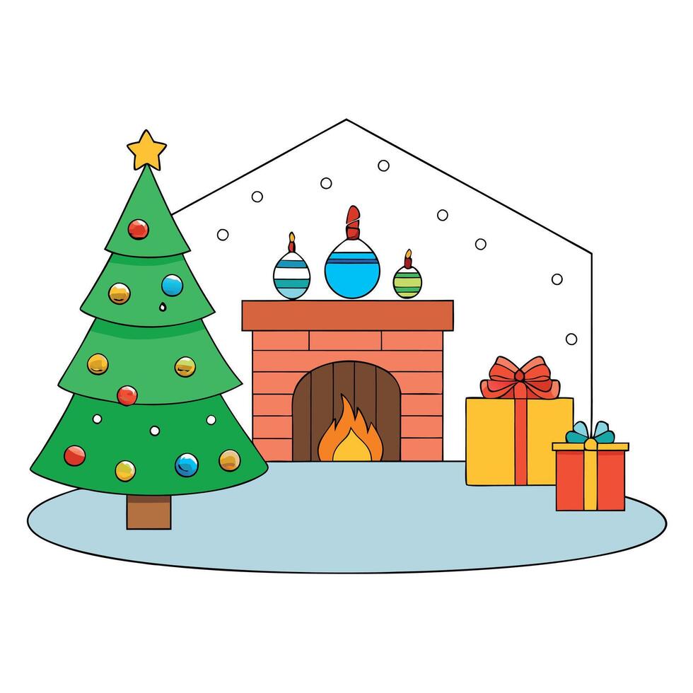 View of the room with a fireplace. Festive decorations and a Christmas tree. vector