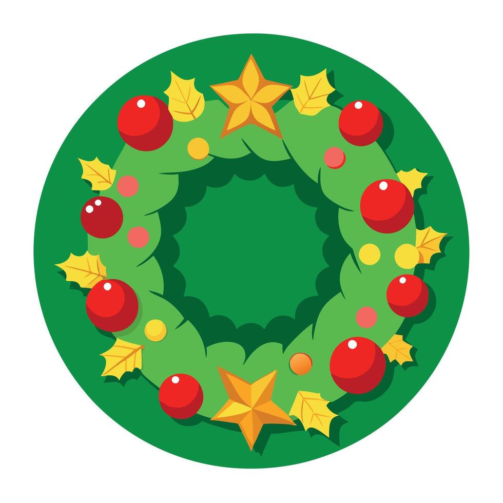 Christmas wreath with red berries and stars on a green background vector