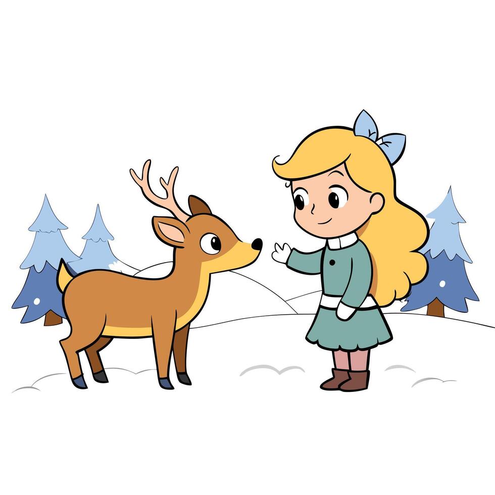 Image of side view of cute adorable little blond girl pampering reindeer in winter forest at sunset vector
