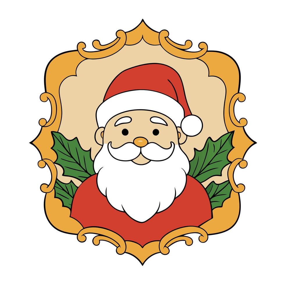 Vintage christmas greeting card of Santa in a golden frame with foliage vector
