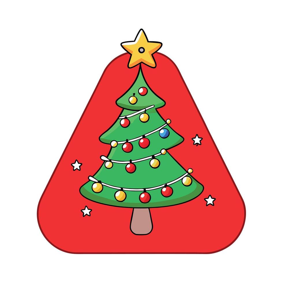 Red Christmas tree with lights and ornaments on red background. vector