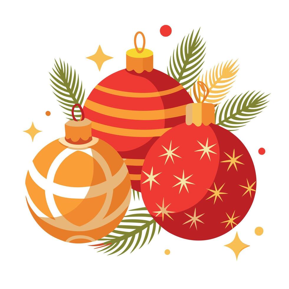 Beautiful red and golden Christmas ornaments and spruce branches. image vector
