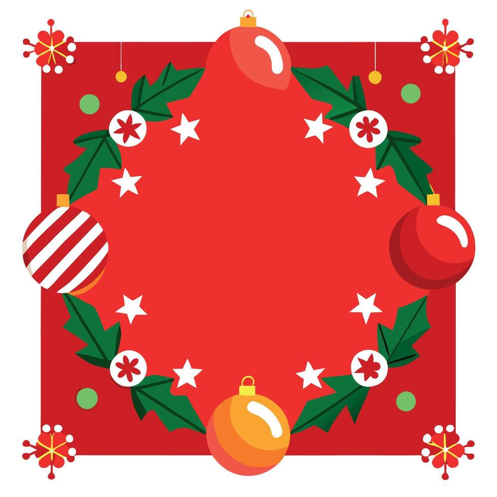 Christmas wreath with ornaments and stars on a red background vector