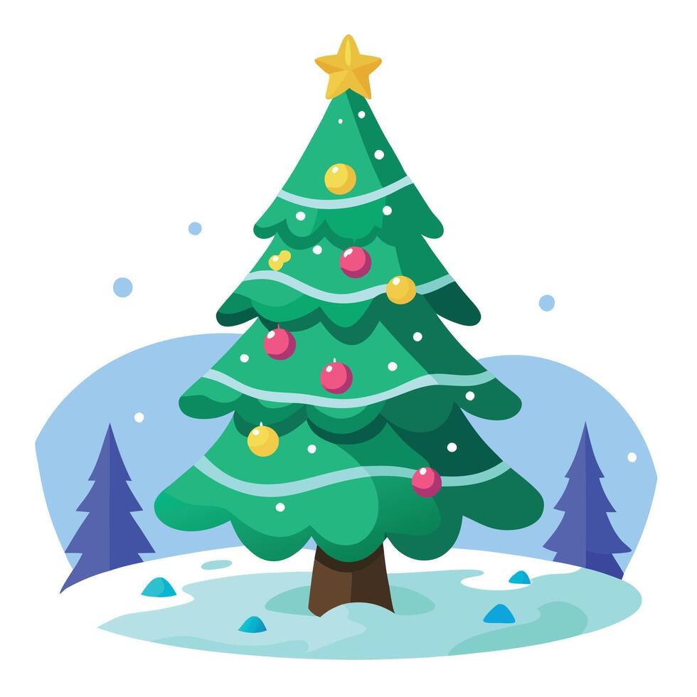 Beautiful decorated snowed in christmas tree in a cold winterlandscape vector