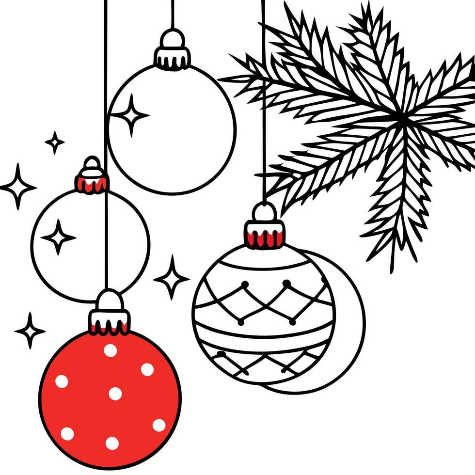 Red christmas balls hanging on the Christmas tree. Winter holiday image. vector