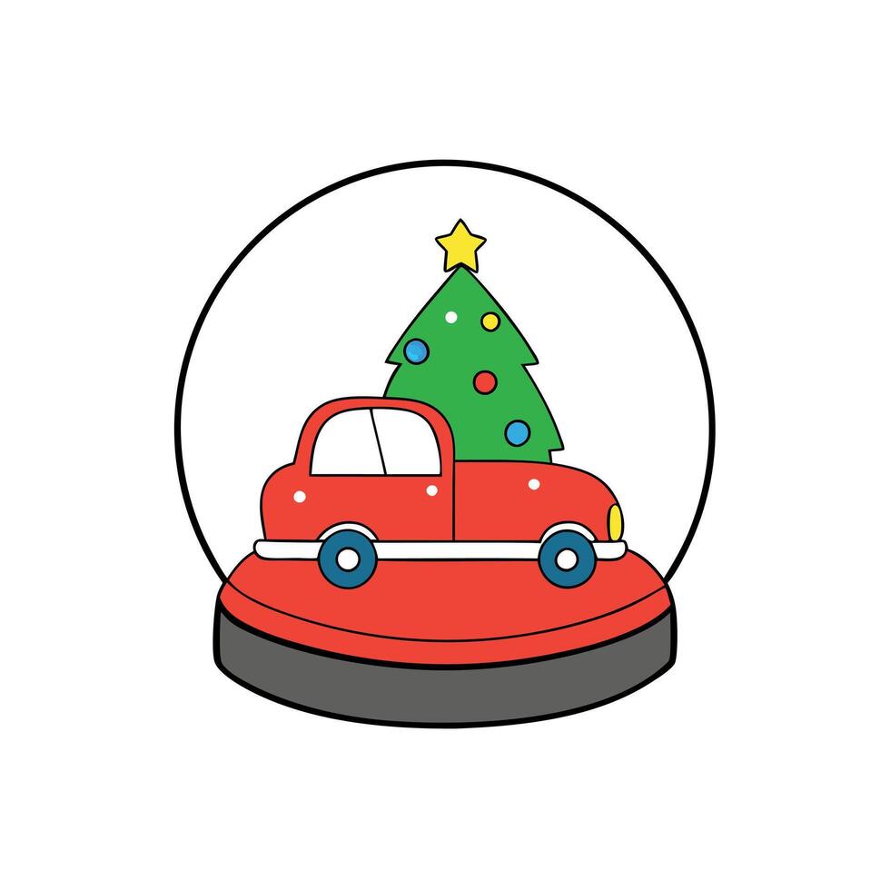 Red car snow globe with a Christmas tree on the roof. Illustration vector