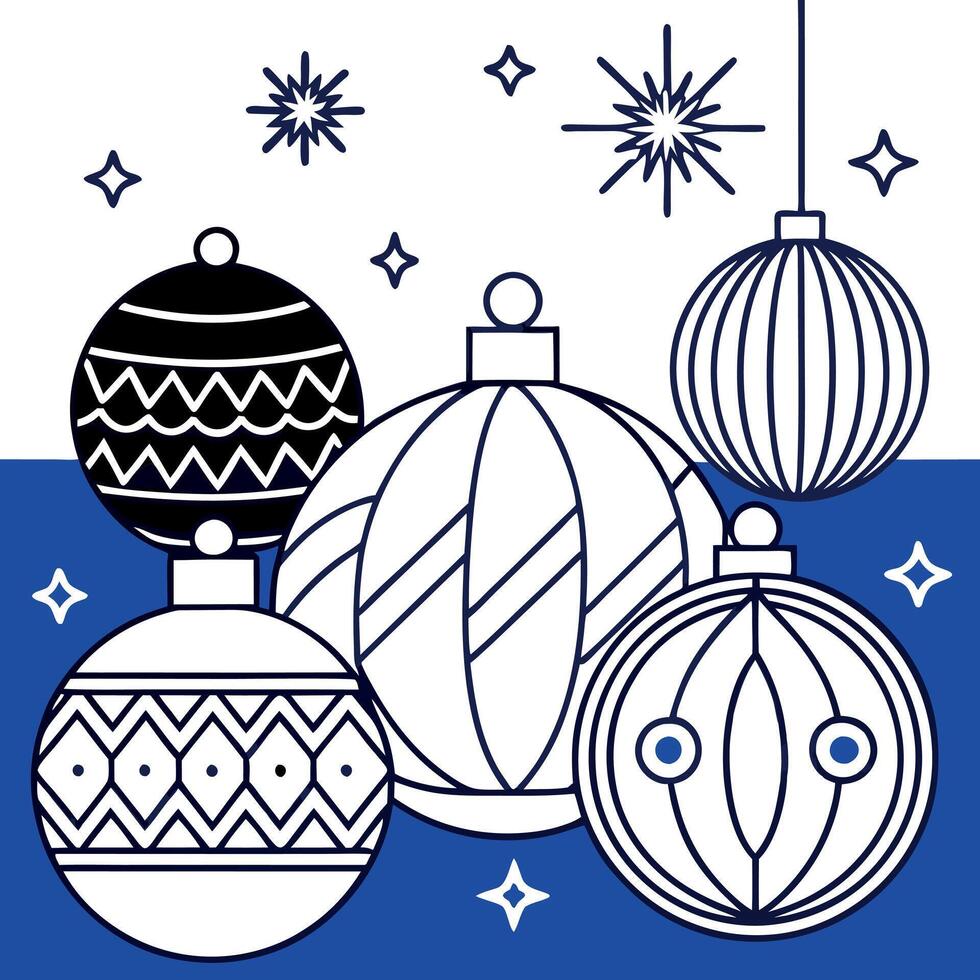 New Year's layout of balls and decorations in dark blue and gold tones. on a blue background vector
