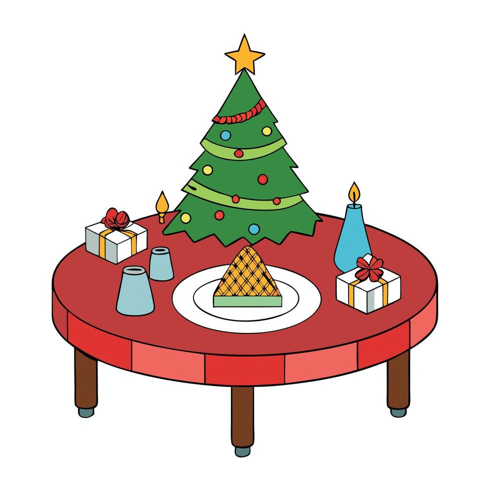 Christmas Table with a christmas tree in the background. vector