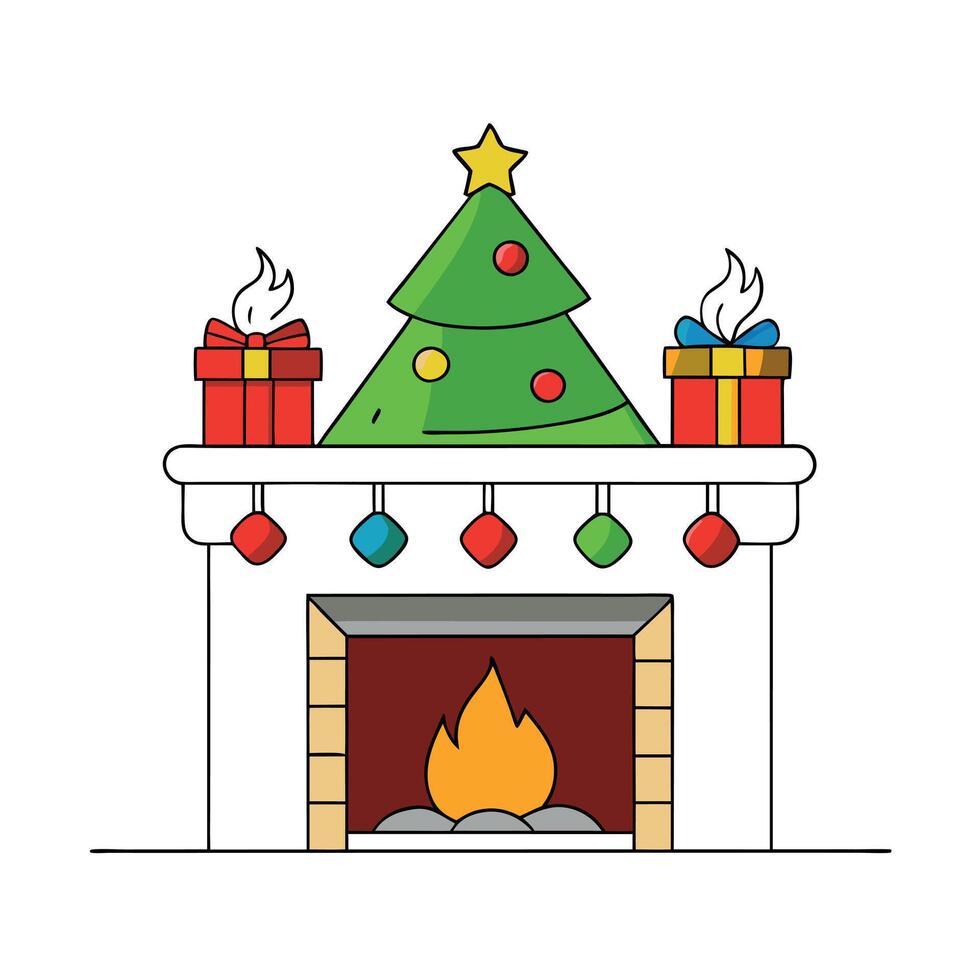 View of nice white christmas decorated fireplace and christmas tree. vector