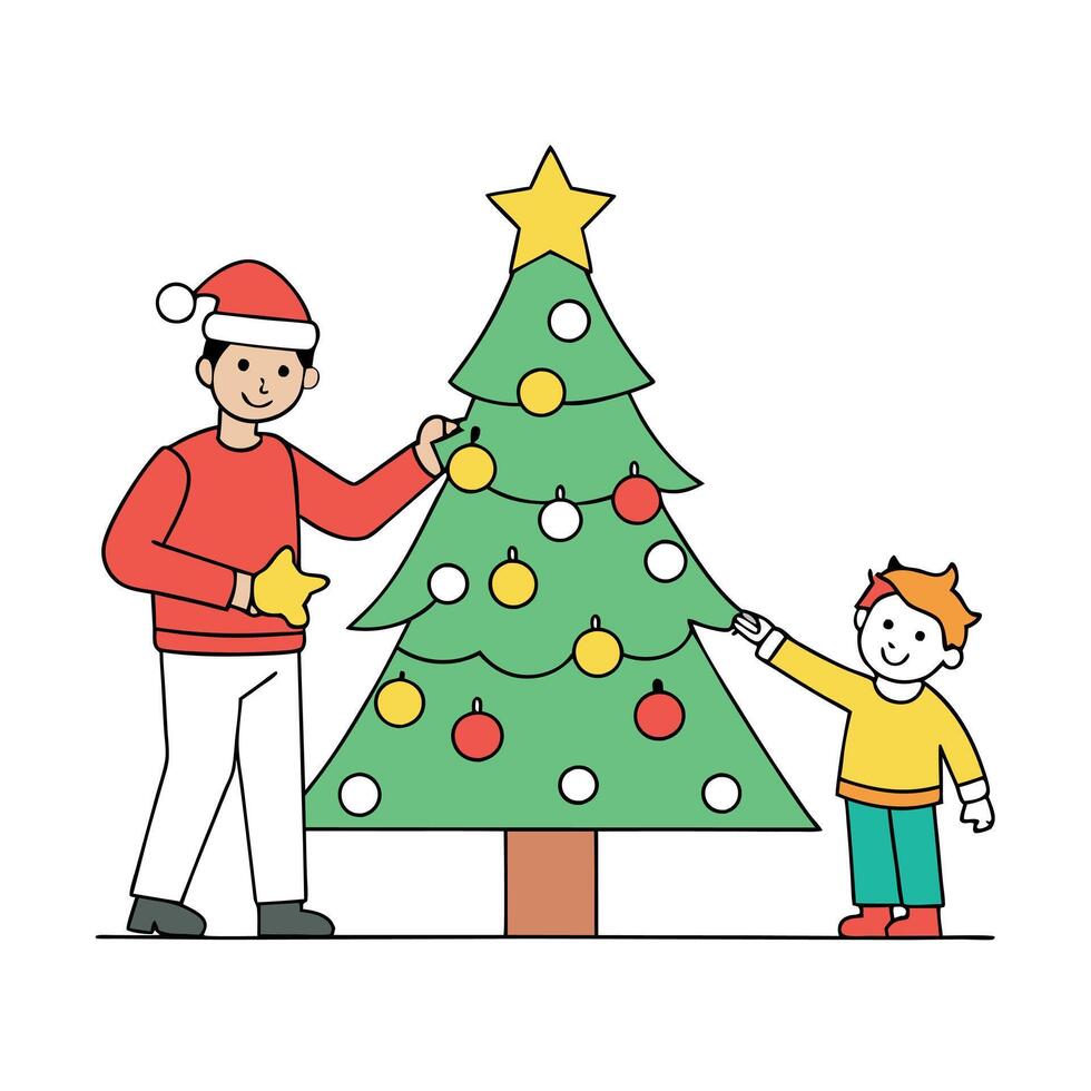 Father and child decorating christmas tree at home preparing for holidays. vector