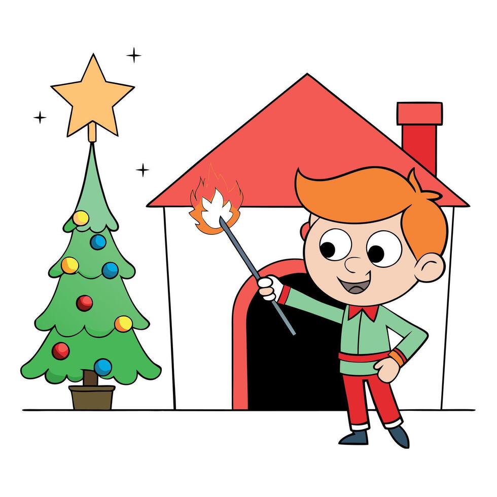Image of cute adorable redheaded boy playing with sparkler at Christmas decorated home vector