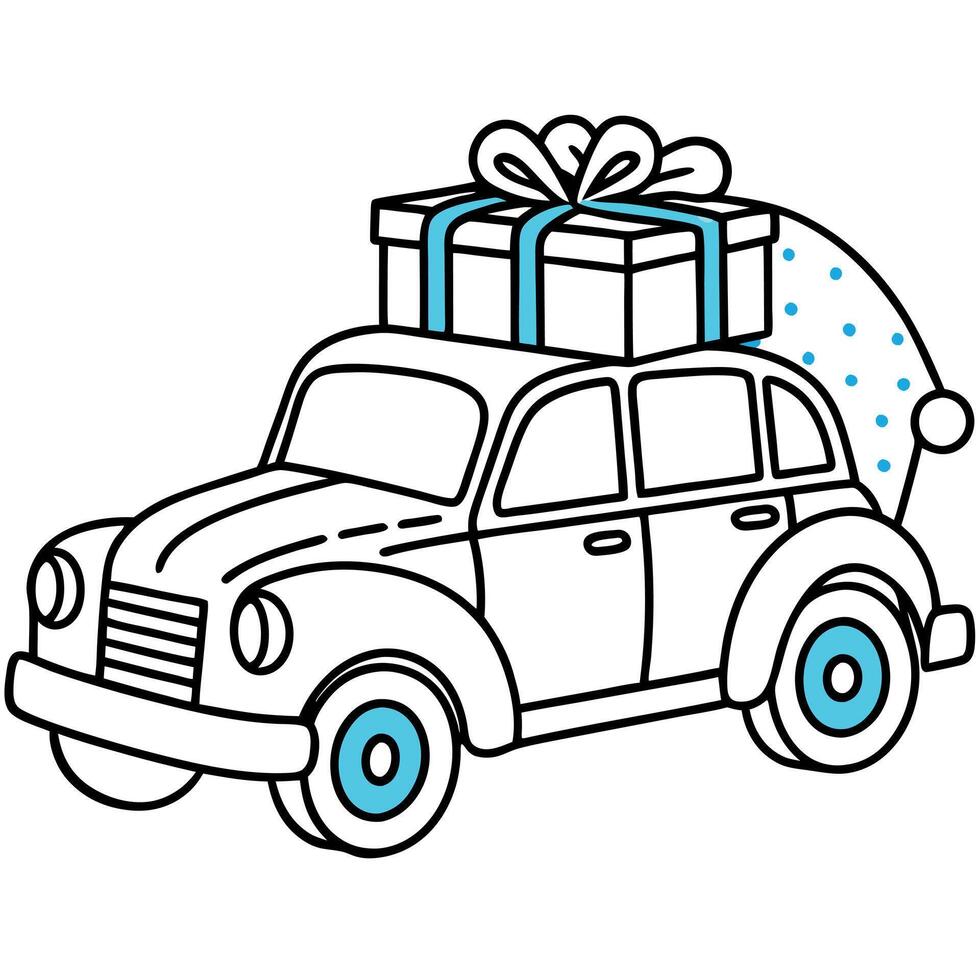 Vintage Christmas car with many gifts. blue and red colors. Greeting xmas card. winter holidays vector