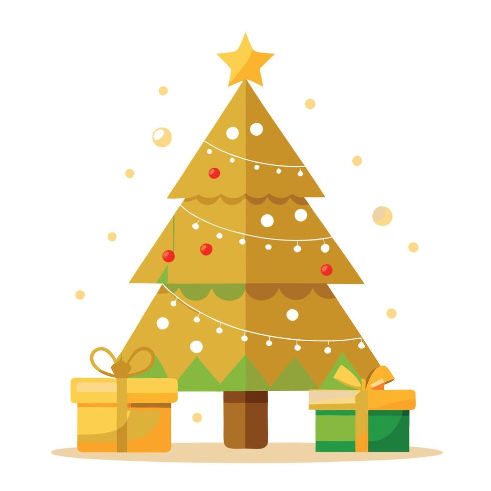 Beautiful decorated gold christmas tree with present boxes on shiny background with christmas lights vector