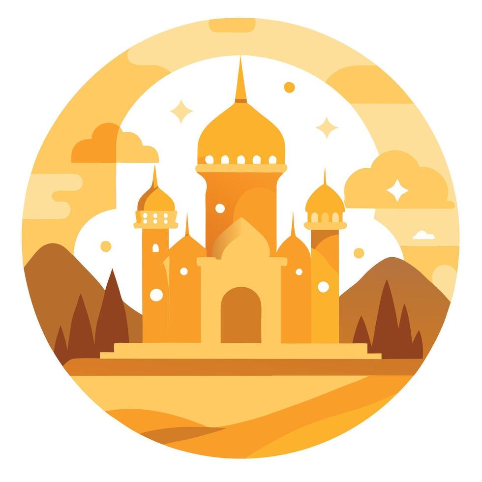 Fabulous Magic solemn golden background with elements of landscape and architecture ai rendering. vector