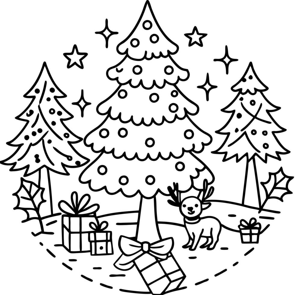 In the forest there is a christmas tree surrounded with gifts and animals vector