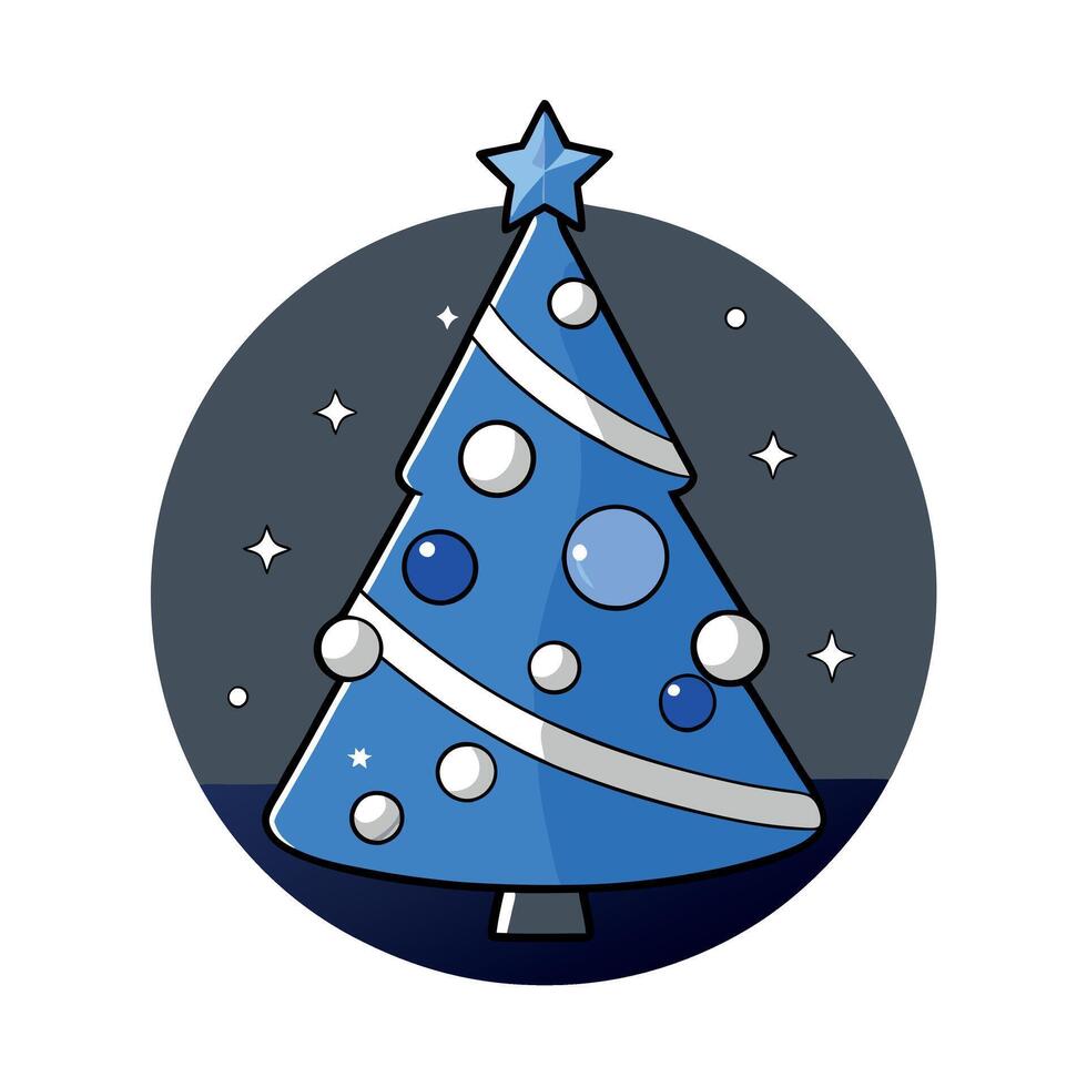 Christmas tree with blue and silver toys on the dark background with bokeh lights. holiday card. vector