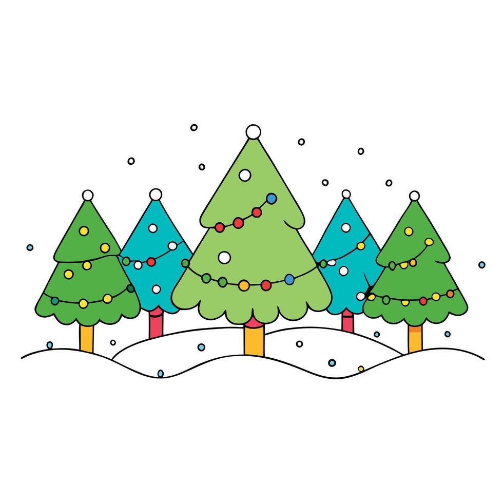 Trees with christmas lights in winter. snowing. christmas holiday season. Art vector