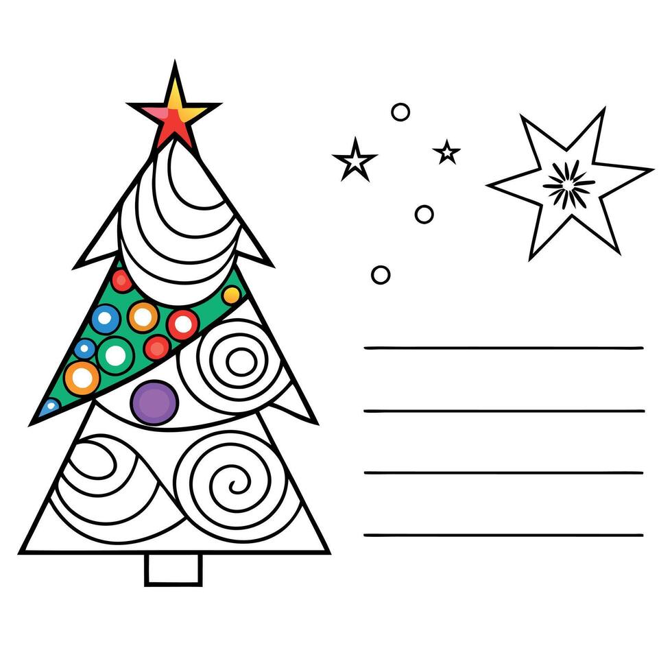 Postcard of an abstract christmas tree with a colorful star on top. space to write christmas wishes vector