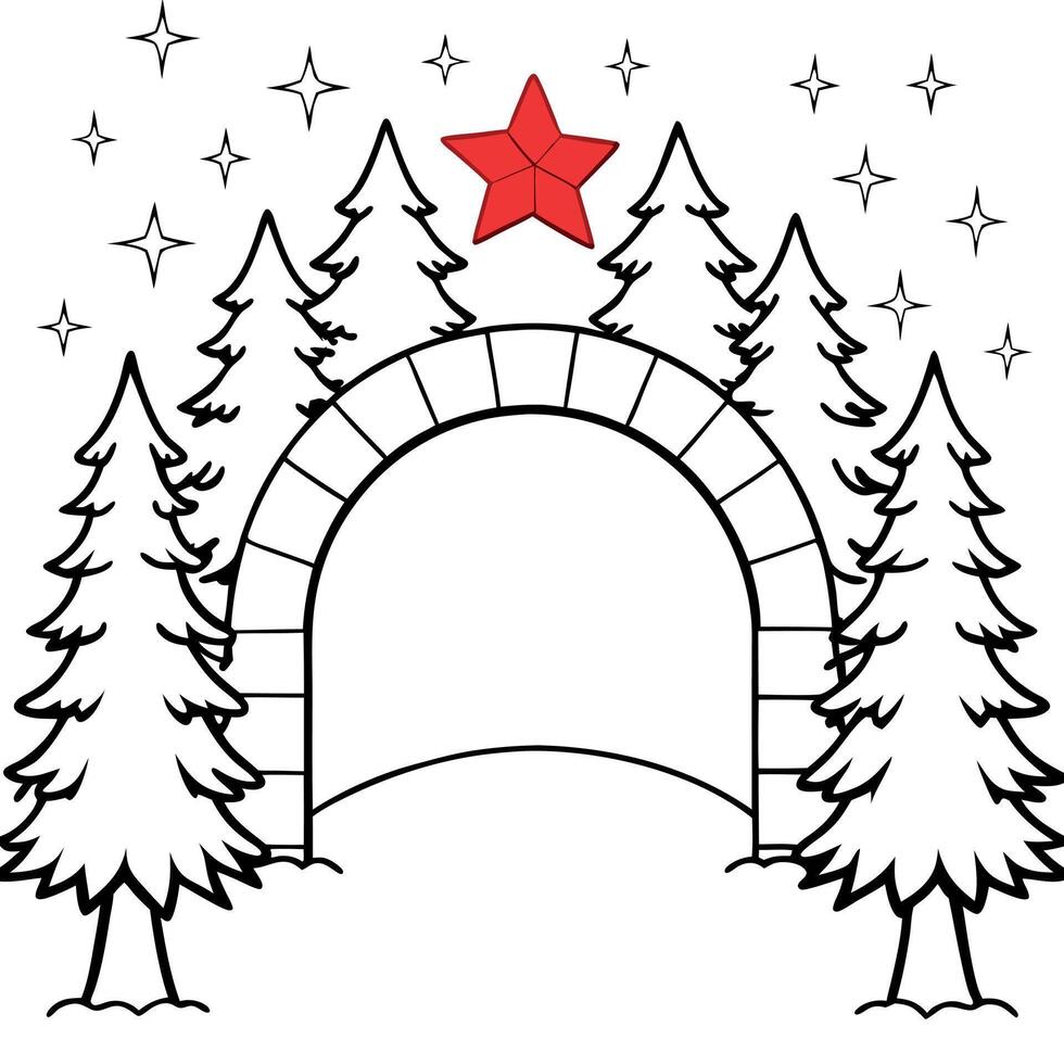 Red christmas arch for New Year's gifts with an empty mine space in the winter frosty forest. vector