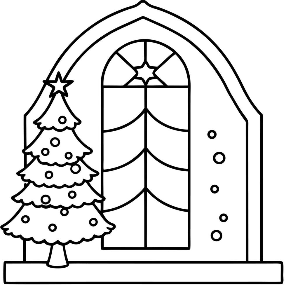 View of nice white christmas tree and window on its back. vector