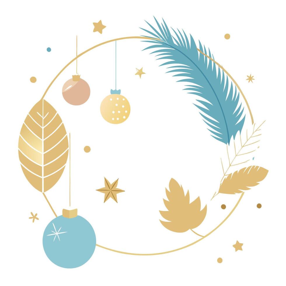 Beautiful Pastel Blue and Gold Christmas Background. Seasonal Decorations with Ostrich Feathers. vector