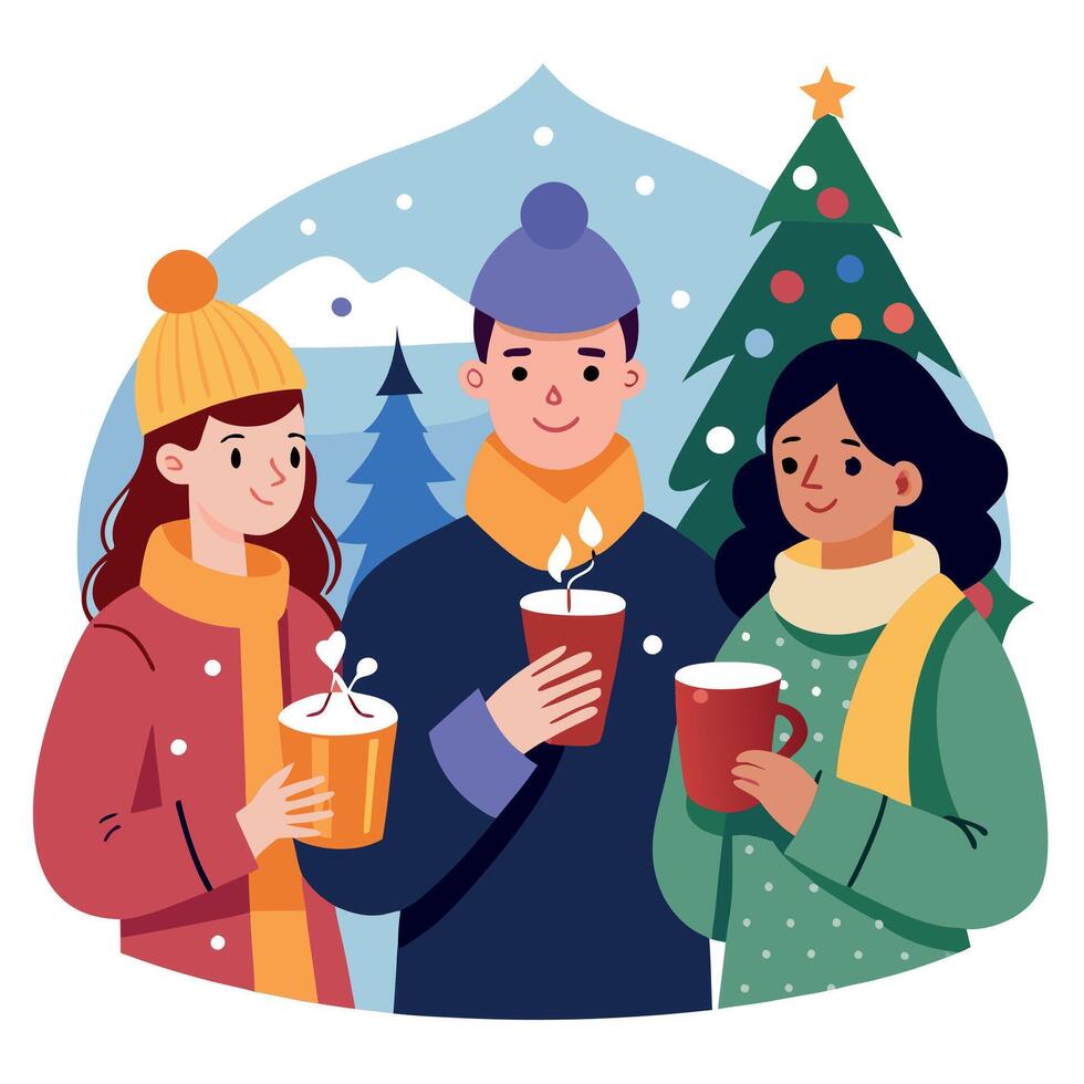 Three people holding cups of hot chocolate and a tree vector