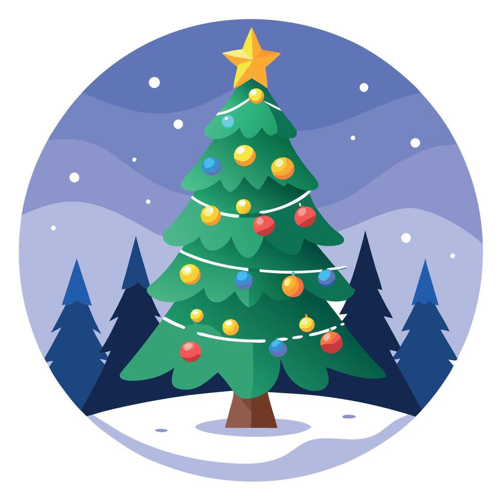 Christmas tree with stars and balls in the middle of a snowy forest vector