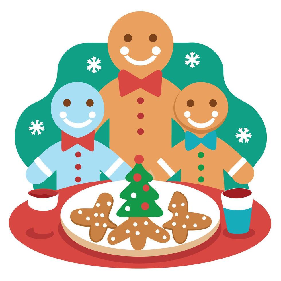 A family of gingerbread men and a christmas tree vector