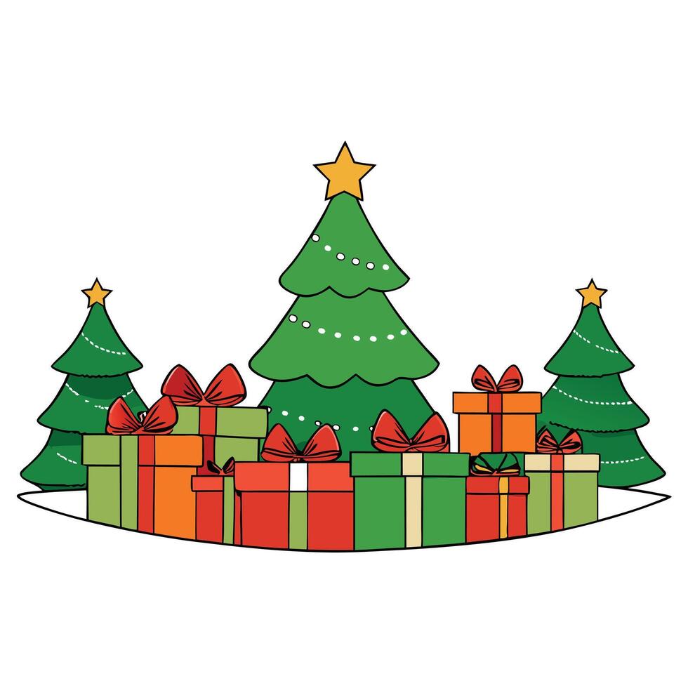 Hand wrapped gifts under Christmas tree background with empty space for text vector