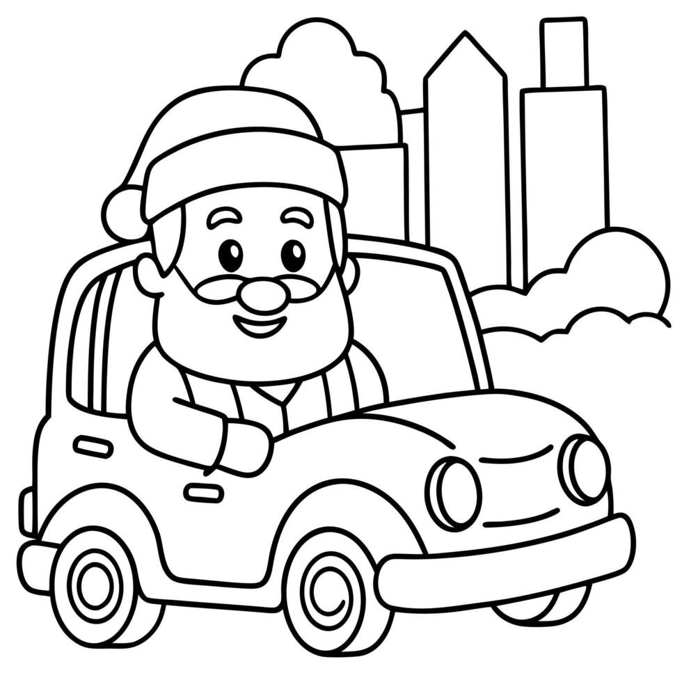 Images. Smiling Santa Claus driving taxi car in the city vector